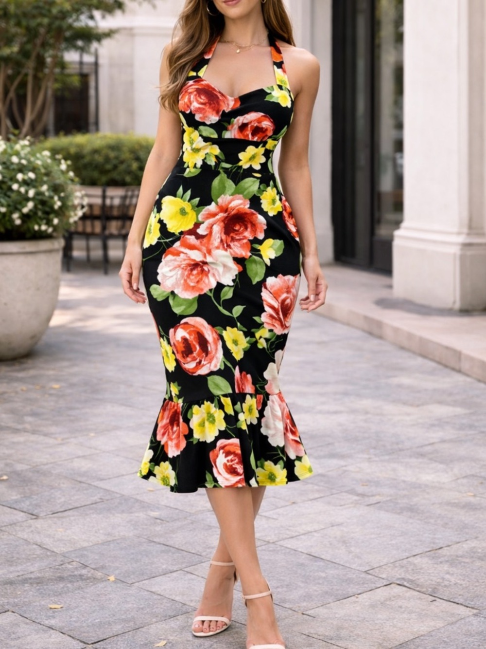 Halter Floral Mermaid Midi Dress - Black with Red & Yellow Blooms